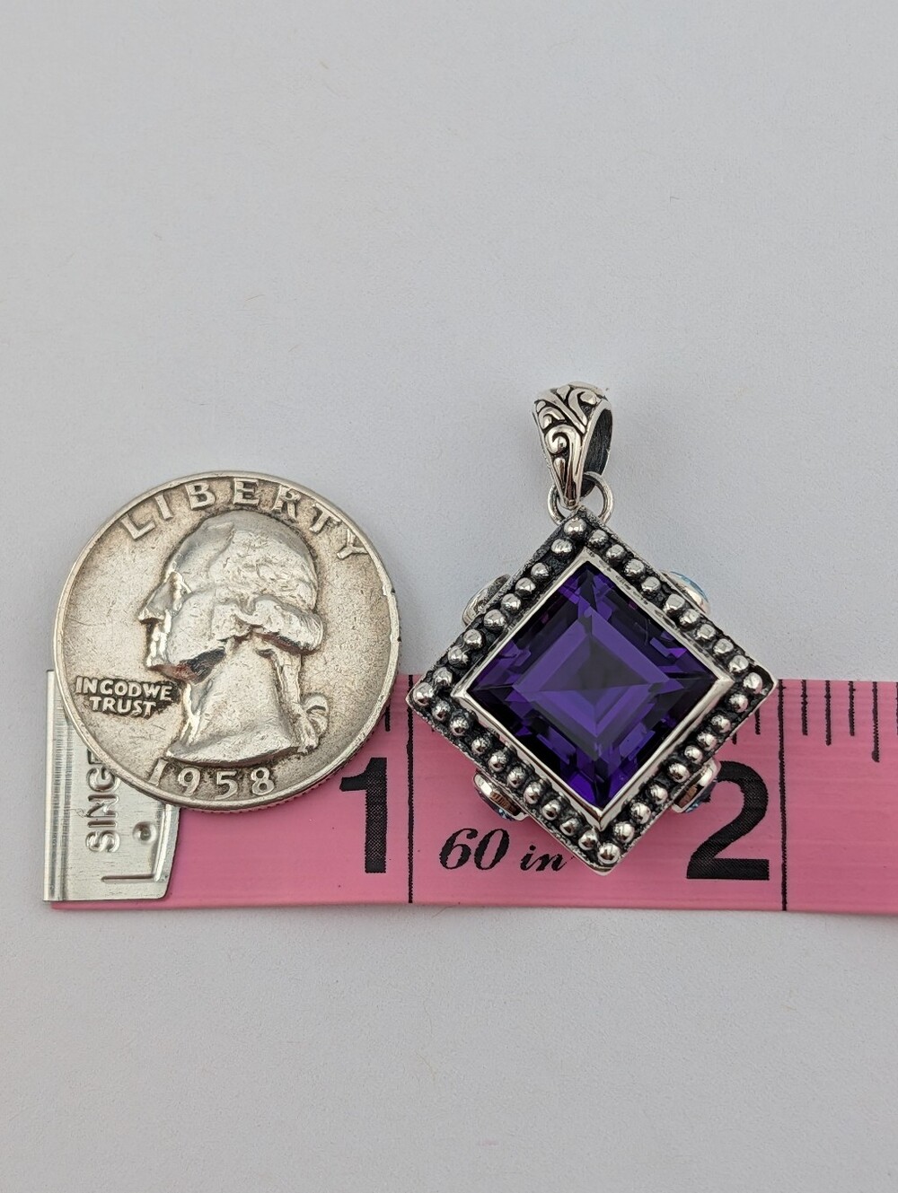 8 Carat Princess Cut Amethyst And Blue Topaz Sterling Silver Pendant Handcrafted - Picture 3 of 9